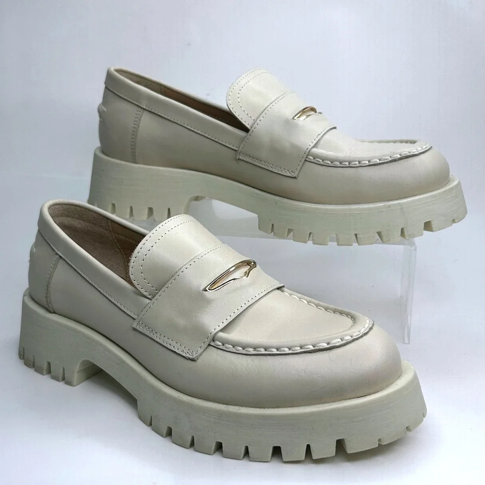 Steve Madden Lawrence Bone Leather Chunky Lug Sole Platform Loafers‎ 8M LAWR01S1